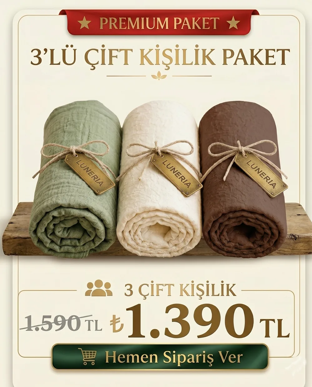 3'lü Çift Kişilik Lastikli Çarşaf Seti — 1.390 TL
