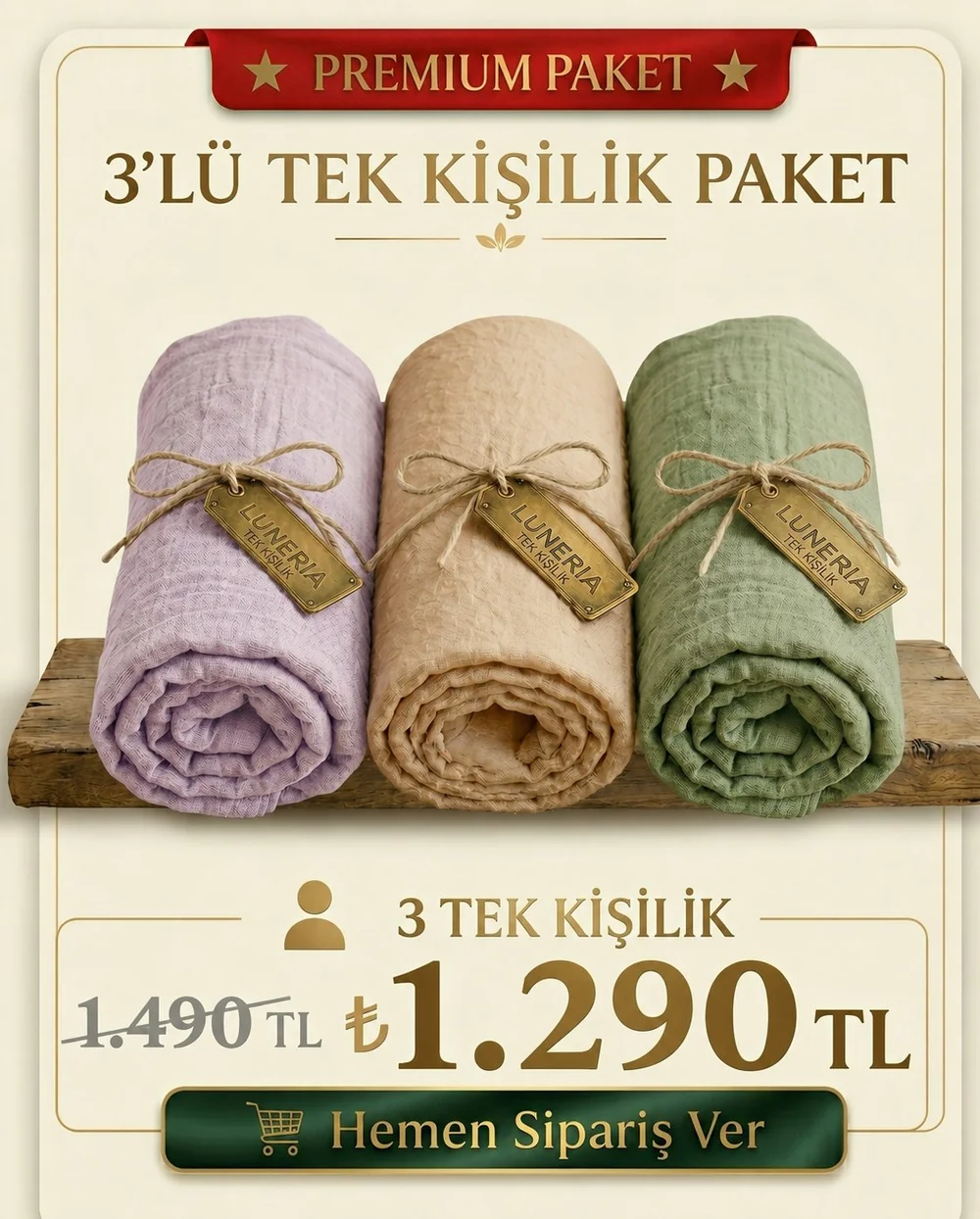 3'lü Tek Kişilik Lastikli Çarşaf Seti — 1.290 TL