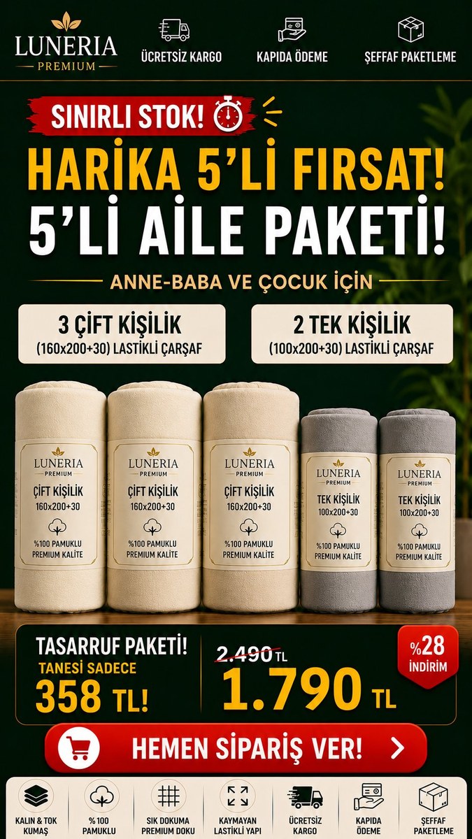 Luneria 5'li Aile Lastikli Çarşaf Seti — 3 Çift + 2 Tek — 1.790 TL (Tanesi 358 TL)